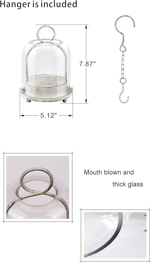 5"x7.5" Versatile Modern Metal Hurricane Lantern with Handmade Sturdy Glass Dome in Vintage White for 3" Pillar Candle & Plants, Industrial, Farmhouse, Shabby Chic
