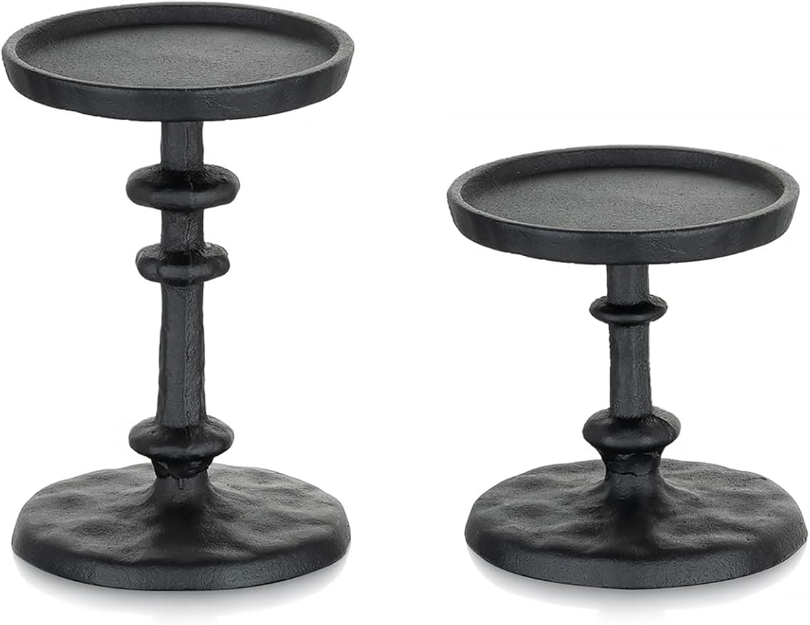 NUPTIO Pillar Candle Holder Black: Solid Cast Iron Candle Stand for 3 Inch Pillars - Handcrafted Hammered Candleholder for Thanksgiving Christmas Fireplace Mantle Decor