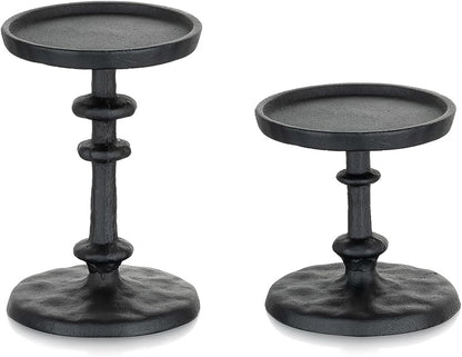 NUPTIO Pillar Candle Holder Black: Solid Cast Iron Candle Stand for 3 Inch Pillars - Handcrafted Hammered Candleholder for Thanksgiving Christmas Fireplace Mantle Decor