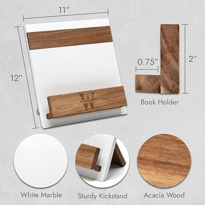 Personalized Cookbook Stand – Custom Engraved Acacia Wood & White Marble Recipe Book Holder with Weighted Base – Rustic Design, Tablet & Cookbook Stand for Kitchen Counter, 12 × 11 × 7.5 