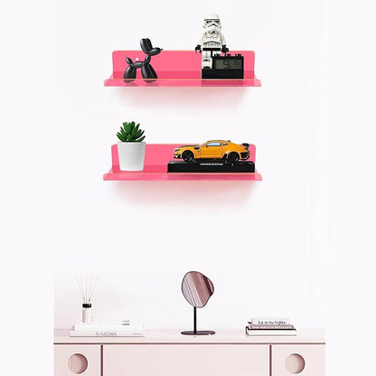 ROYALITA Small Acrylic Shelves Wall Mounted | Set of 2 | 12 Inches | Wall Hanging Plant Display Shelves, Room Decor Floating Wall Shelves for Gaming Room Bedroom, Living Room, Office, Pink
