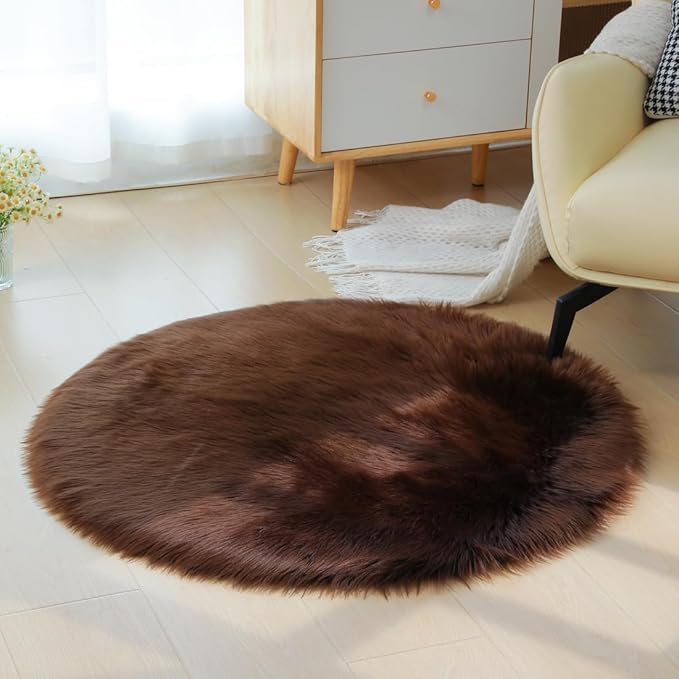 Faux Fur Rug Sheepskin Fuzzy Rug Super Soft Fluffy Plush Area Rug Bedroom Floor Children's Room Sofa Cushion Living Room Bedside Rugs (Coffee,3×3 ft Rotund)