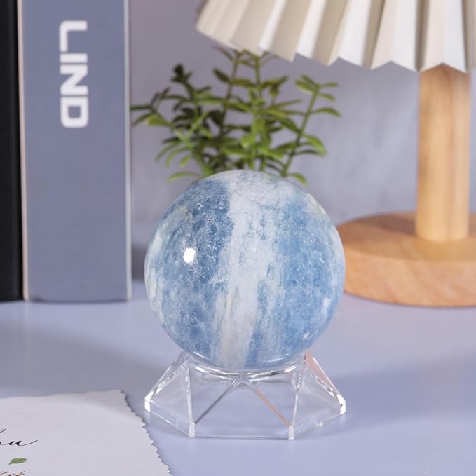 Natural Blue Celestite Crystal Ball with Acrylic Display Base, 71-80mm Polished Stone Feng Shui Crystal Sphere Meditation Decoration for Home & Office