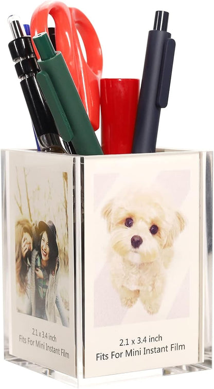GOLDBARLEY Instax Mini 2x3 Polaroid Photo Acrylic Frame,Small Picture Mini Cute Display Holder for Fujifilm Instax Mini 3-inch Photos Display, Clear Acrylic Photo Pen Holder,Office Desk Organizer