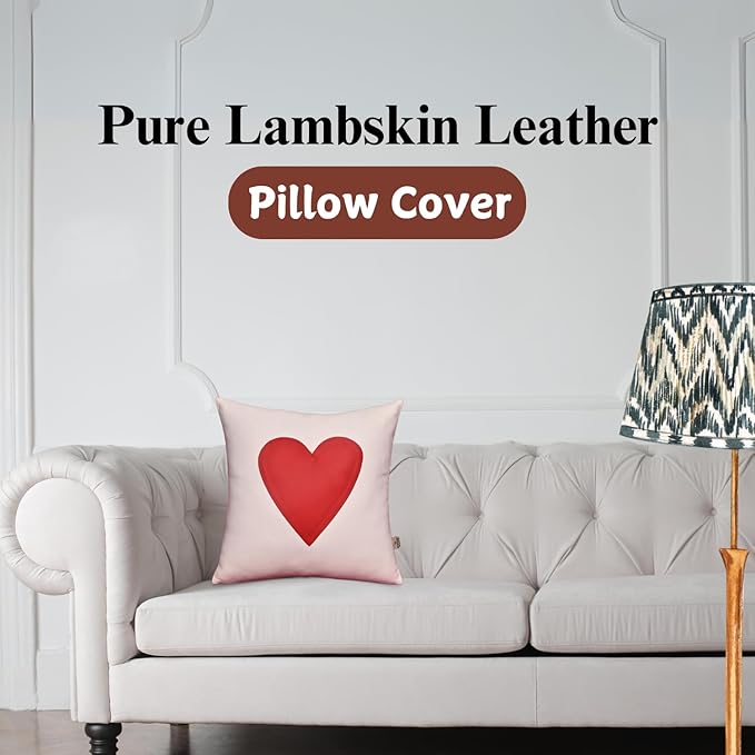 Genuine Lambskin Leather Pillow Cover, 18x18 Inch Case for Lumbar Throw Couch Pillows, Thick & Soft Cushion Covers for Sofa Bed Home Décor (Red Heart & White Plain Pack of 1)