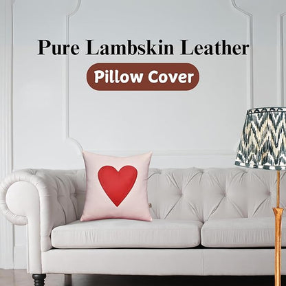 Genuine Lambskin Leather Pillow Cover, 16x16 Inch Case for Lumbar Throw Couch Pillows, Thick & Soft Cushion Covers for Sofa Bed Home Décor (Red Heart & White Plain Pack of 1)