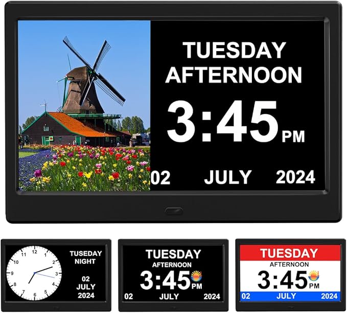 Alarm Clock with Day and Date for Elderly Digital Calendar Clock Photo Frame- Auto Dimmable Display 15 Alarm Options (10 Inch Black)