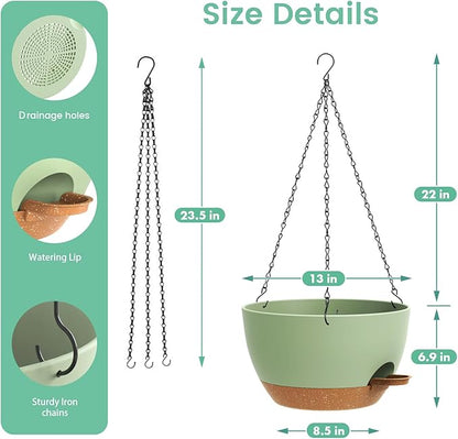 13 Inch 2 Pack Large Self Watering Hanging Planters for Indoor Outdoor Plants, Hanging Plant Pots with Removable 50 Oz Reservoir, Plastic Hanging Basket for Window Porch Garden, Green with Brown