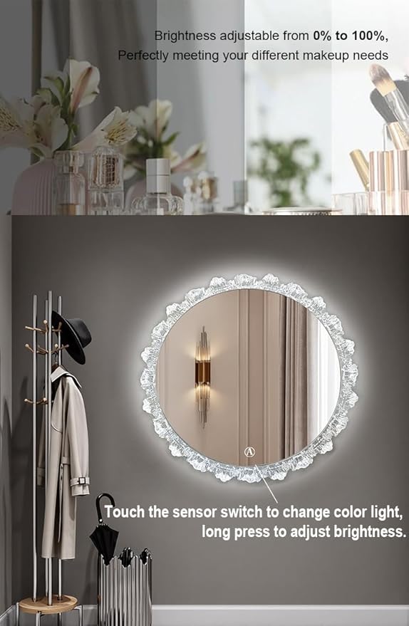 Crystal LED Vanity Mirror with Touch Control 3 Color Lights, Dimming 360° Rotation Elegant Luxury Wall Mounted HD Decorative Mirror(Wall Mounted Mirror-50cm)