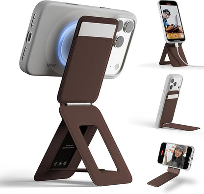 MOFT Phone Tripod Wallet for iPhone, Mulit-Angles, Lightweight & Portable Phone Stand, MOVAS Vegan Leather Magnetic Wallet, Strong Magnets, NFC Card Holder,Travel Essential, Brownie (with Card Slot)
