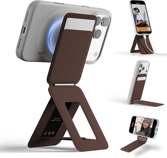 MOFT Phone Tripod Wallet for iPhone, Mulit-Angles, Lightweight & Portable Phone Stand, MOVAS Vegan Leather Magnetic Wallet, Strong Magnets, NFC Card Holder,Travel Essential, Brownie (with Card Slot)