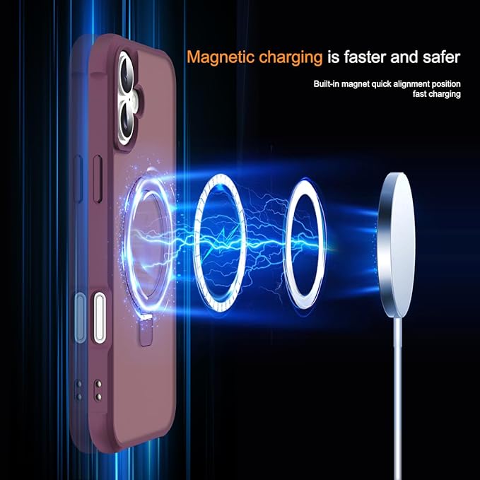 Compatible with iPhone 16 Case with Invisible Magnetic O-Ring Stand Military-Grade Translucent Case for iPhone 16 6.1" [Compatible with Mag-Safe][Great Grip Feeling], Wine Red