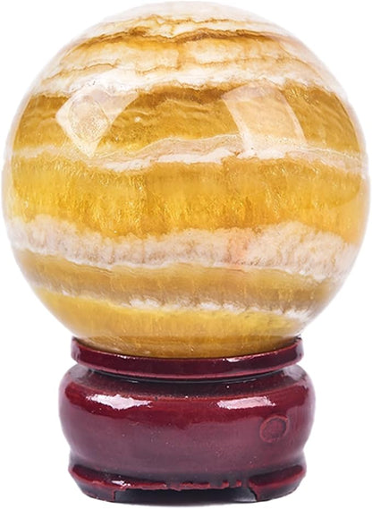 JIC Gem Yellow Fluorite Crystal Ball with Wooden Stand Yellow Healing Crystal Sphere Ball for Feng Shui Decor Spiritual Gifts 60-70mm