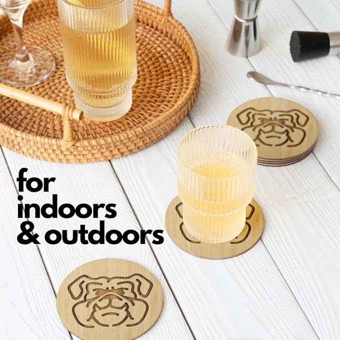 Set of 6 Bamboo Laser-Engraved Fun Dog Coasters with Iron Holder - Gift Packaging 3.9 Inch Non-Stick Absorbent Durable and Unbreakable Wooden Cup Coasters for Dog Lovers (Bulldog)