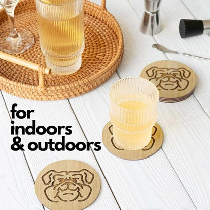 Set of 6 Bamboo Laser-Engraved Fun Dog Coasters with Iron Holder - Gift Packaging 3.9 Inch Non-Stick Absorbent Durable and Unbreakable Wooden Cup Coasters for Dog Lovers (Bulldog)