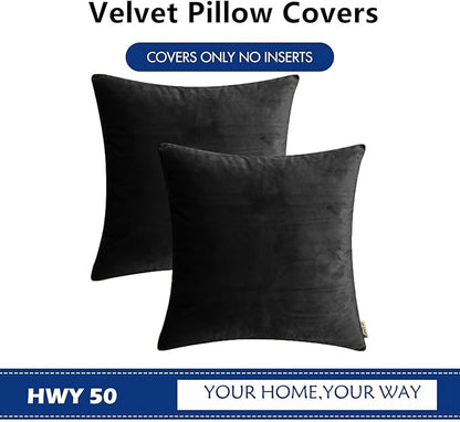 HWY 50 Black Velvet Throw Pillow Covers 18x18 Inch, Pack of 2 Soft Cozy Solid Decorative Luxury Cushion Cases for Couch Sofa Bed Living Room Bedroom