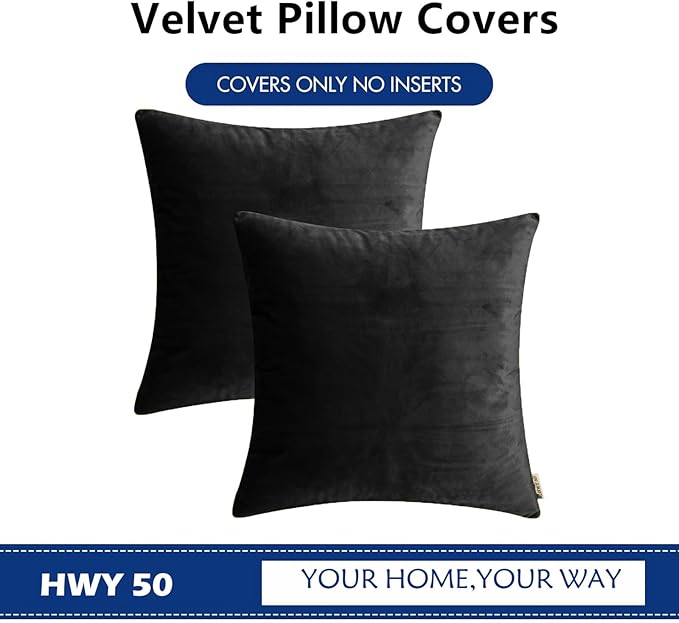 HWY 50 Black Velvet Throw Pillow Covers 22x22 Inch, Pack of 2 Soft Cozy Solid Decorative Luxury Cushion Cases for Couch Sofa Bed Living Room Bedroom