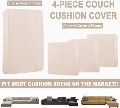 Sectional Couch Covers for 4-Piece Seat Cushion Velvet Separate L Shape Couch Cover Stretch Sofa Slipcover with 2 Pieces Pillowcases Furniture Protector (Sofa 3 Seater + 1 Chaise, Beige)