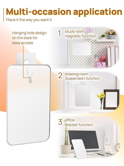 OMIRO Magnetic Locker Mirror for School, 8 x 5 inches Desk Makeup Mirror with Foldable Stand and Hanging Hole for Shaving, Strong Magnets for Secure Attachment,White