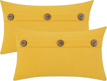 HWY 50 Yellow Chenille Throw Pillow Covers 12x20 Inch with Triple Buttons, Soft Farmhouse Accent Decorative Cushion Cases for Couch Sofa Living Room Pack of 2 Rectangle