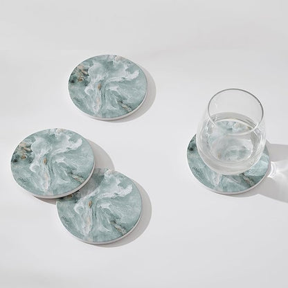 Set of 6 Abstract Marble Coasters with Holder, Absorbent Ceramic Coasters for Drinks, Coasters with Cork Backing for Table Protection, Housewarming Gifts for New Home