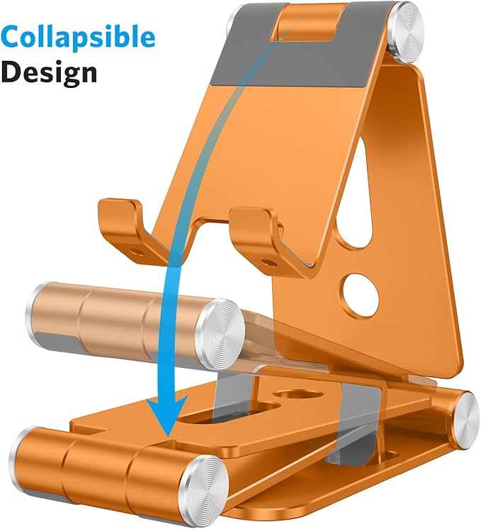 OMOTON Foldable Cell Phone Stand, C4 Portable Aluminum Phone Holder, Adjustable Phone Dock Cradle Compatible with iPhone 17/16/15 Pro Max Air, Samsung Galaxy, Small Tablets, Smart Phones, Orange