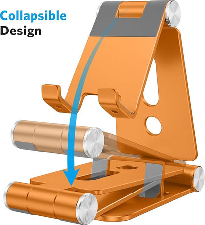 OMOTON Foldable Cell Phone Stand, C4 Portable Aluminum Phone Holder, Adjustable Phone Dock Cradle Compatible with iPhone 17/16/15 Pro Max Air, Samsung Galaxy, Small Tablets, Smart Phones, Orange