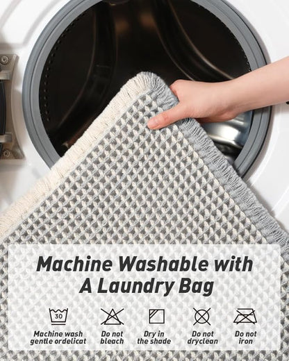 Upgraded Waffle Runner Rug Super Absorbent Non Slip Bath Mats for Bathroom Machine Washable Bathroom Runner Rug with Tassels, Ideal for Hallway Bedroom Laundry Room, 17" x 72", LightGrey & Cream
