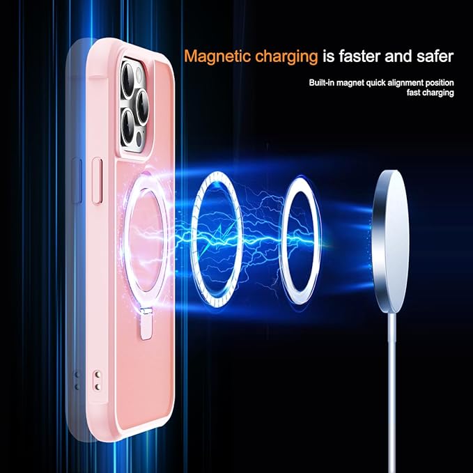Compatible with iPhone 14 Pro Max Case with Invisible Magnetic O-Ring Stand Military-Grade Translucent Case for iPhone 14 ProMax 6.7" [Compatible with Mag-Safe][Great Grip Feeling], Pink