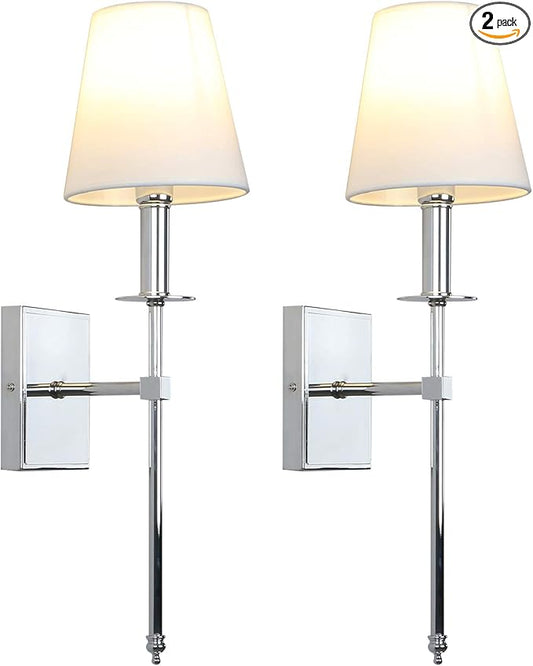 PERMO Set of 2 Classic Rustic Industrial Wall Sconce Lighting Fixture with Flared White Textile Lamp Shade and Chrome Tapered Column Stand, Hardwired, E26 Base