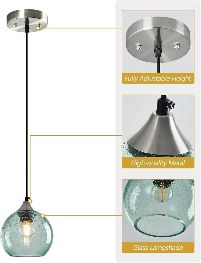 Light Green Glass Pendant Lights Kitchen Island Globe Pendant Light Fixtures Modern Pendant Lighting for Bedroom Living Dining Room Light Fixture (5.9 in, 2 Pack)