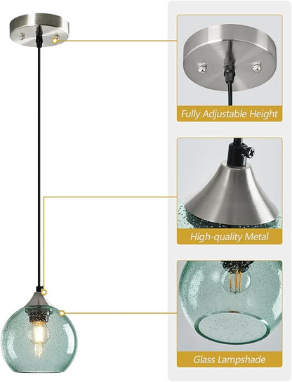 Light Green Glass Pendant Lights Kitchen Island Globe Pendant Light Fixtures Modern Pendant Lighting for Bedroom Living Dining Room Light Fixture (5.9 in, 2 Pack)