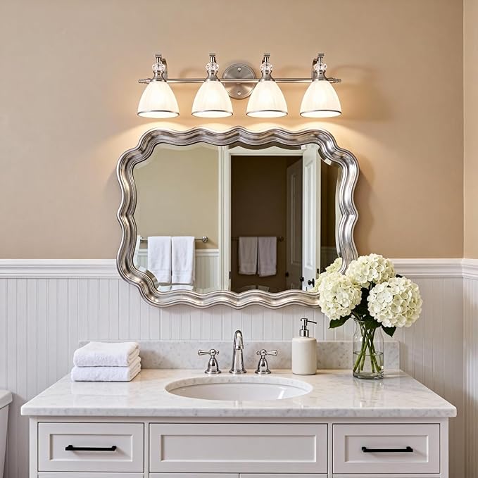 ANDY STAR Bathroom Light Fixtures Over Mirror, 4-Light Brushed Nickel Vanity Lights for Bathroom, 27.8 Inch Vintage Wall Sconce with Milk White Bell Glass Shades, Rustproof Silver Finish, E26 Base