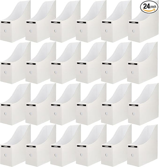 Limitliho 24 Pack White Cardboard Magazine File Holder for Desk, Shelves, Office or Home, Vertical Book Bins for Classroom and Library Use, 10.6'' H×10.2'' L ×3.5''W Folder Organizer Box