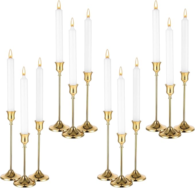 12 Pack Brass Golden Candlestick Holders, Vintage Taper Candle Holders Set in 3 Sizes for Dining Table, Fireplace, Party Decor