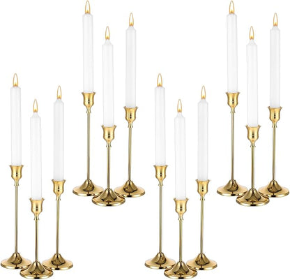 12 Pack Brass Golden Candlestick Holders, Vintage Taper Candle Holders Set in 3 Sizes for Dining Table, Fireplace, Party Decor