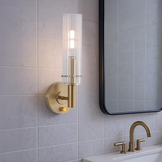 Modern Wall Sconces with Dimmer ON/Off Switch Gold Brushed Brass Bathroom Vanity Light Fixtures Striped Clear Glass Shades Indoor Wall Light for Mirror Living Room Bedroom Hallway Staircase