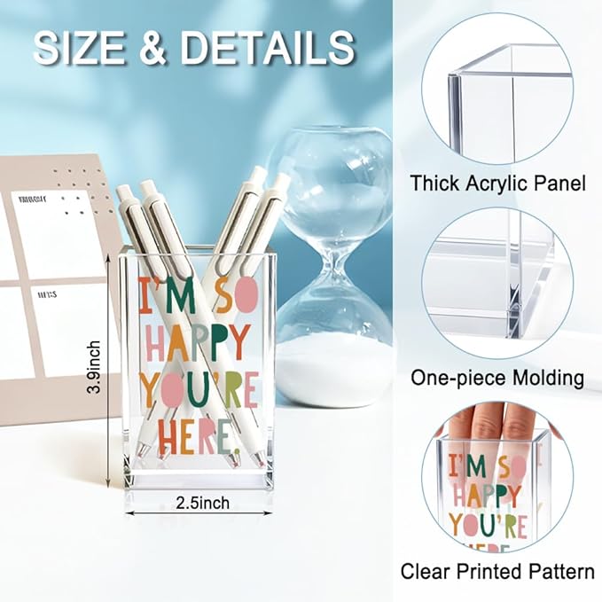 I'm So Happy You're Here Acrylic Cosmetic Pencil Holder Cup, Funny Boho Pen Holder for Women, Home Office Classroom Desk Accessories, Inspirational Gifts for Daughter, Make up Brush Organizer