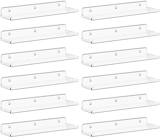 Lifewit Floating Shelves for Bathroom, 15" Acrylic Wall Organizer for Perfume, Makeup, Figures, Nail Polish, Photo, Book, Decor Display Rack for Nursery, Living Room, Bedroom, Kitchen, Clear, 12 Pack
