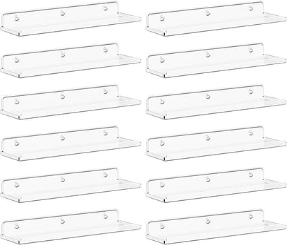 Lifewit Floating Shelves for Bathroom, 15" Acrylic Wall Organizer for Perfume, Makeup, Figures, Nail Polish, Photo, Book, Decor Display Rack for Nursery, Living Room, Bedroom, Kitchen, Clear, 12 Pack