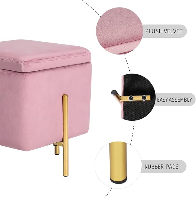 Adeco Upholstered Tufted Square Storage Ottomans, Pink Modern Velvet Footrest Ottomans with Storage for Couch Small