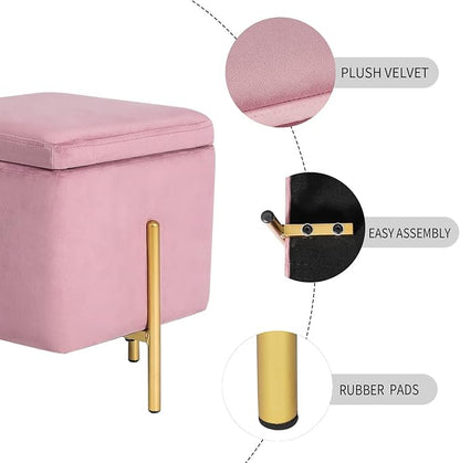 Adeco Upholstered Tufted Square Storage Ottomans, Pink Modern Velvet Footrest Ottomans with Storage for Couch Small