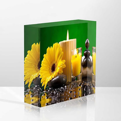 Square Desktop Ornaments Sunflower,Candles Pebble on The Water Acrylic Appreciation Presents for Coworkers - Supervisor Presents for Women - Thank You Teacher Presents