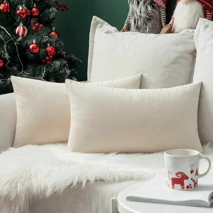 MIULEE Velvet Throw Pillow Covers 12x20 Inch, Pack of 2 - Cream White, Soft Solid Lumbar Decorative Pillow Covers Modern Luxury Home Decor for Spring Couch Sofa Bedroom Livingroom