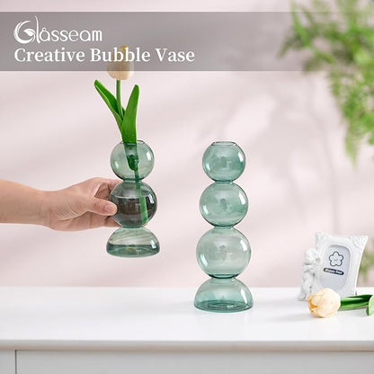 Glasseam Round Bubble Vase for Flowers, Small Green Vase Set of 2, Blown Glass Vases for Decor, Cute Unique Bud Vase, Aesthetic Single Flower Vase, Hydroponic Plant Vase for Dining Table Decorations