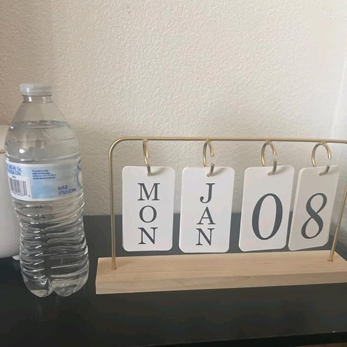Wooden Perpetual Calendar for Desk, Metal Wood Month Date Display for Teachers, Students, Classroom, Rustic Farmhouse Office Decor, Desk Accessories (gold)