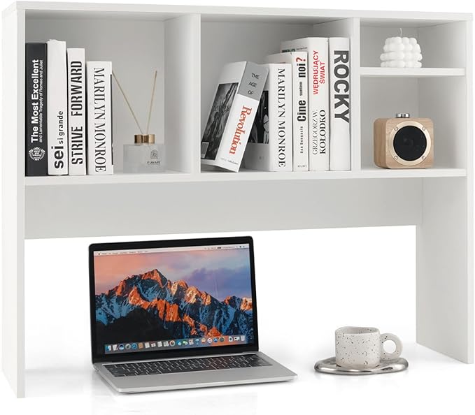 GOFLAME 4 Cubes Desktop Bookshelf, 37” Tabletop Wood Desk Shelf for Computer Monitor, Modern Countertop Desk Display Hutch Storage Organizer Shelf for Home Office, Dorm, Study (White)