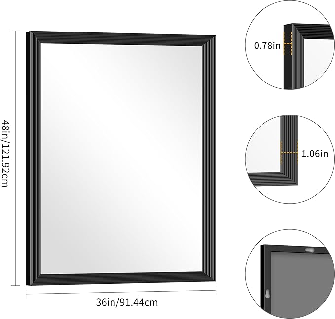 Black Bathroom Mirror 36 x 48 Inch Rectangle Wave Beveled Frame for Wall Bathroom Vanity Mirror for Over Sink, Tempered Glass,for Entryway Hangs, Bathroom Living Room Horizontal or Vertical