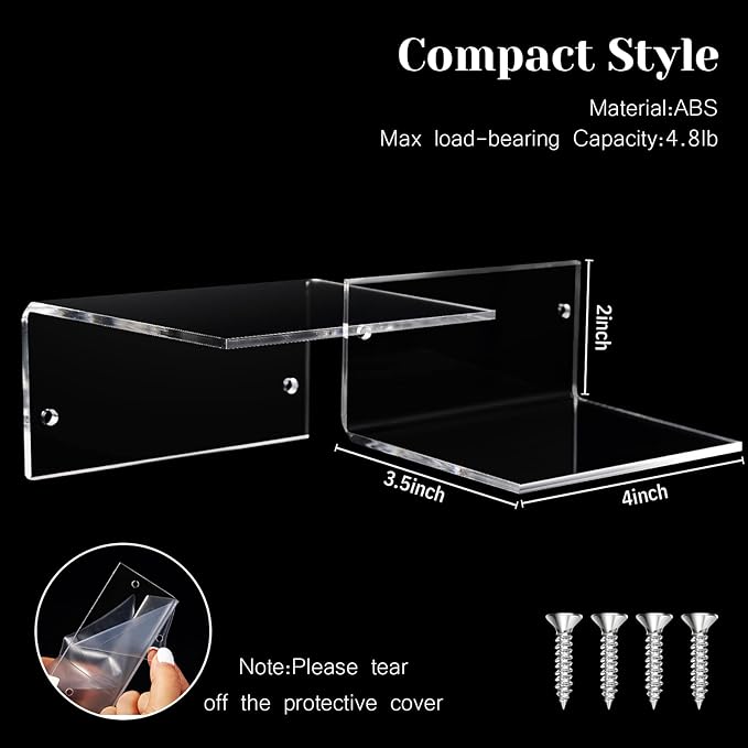 Yalikop 10 Pieces Small Floating Shelves for Wall 4'' Acrylic Mini Wall Shelf Acrylic Display Shelf Clear Hanging Shelves Room Decor for Bedroom, Bathroom, Living Room, Office