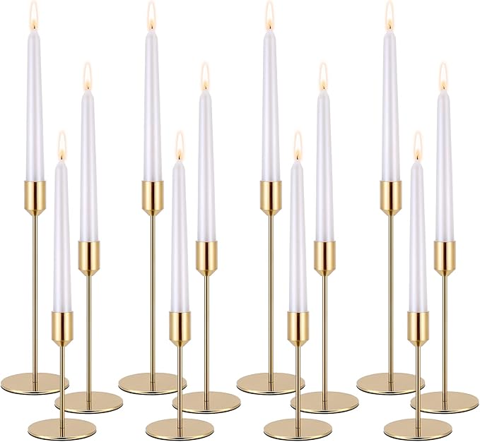 Set of 12 Candle Stick Candle Holder Gold Candlestick Holders Metal Taper Candle Holders for Wedding Tables Centerpieces Candlelight Dinner Home Decor(Candles not Include)